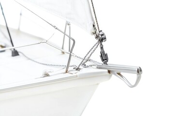 Obraz premium A sailboat secured with an anchor chain on calm waters