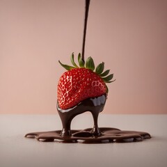 A strawberry dipped halfway into chocolate, dripping elegantly against a soft gradient background.