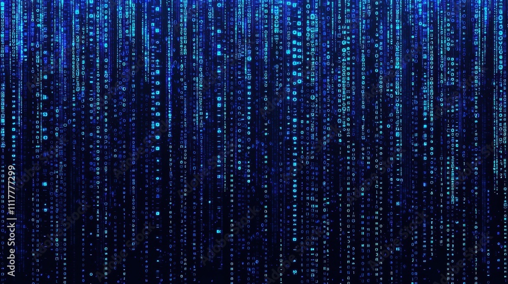 Poster dynamic flowing stream of illuminated binary code with vibrant blue tones