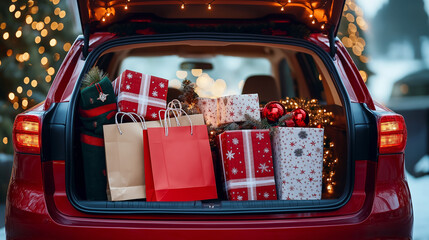 Car packed with Christmas gifts in shopping bags. Seasonal advertisements or lifestyle content. Cozy Xmas atmosphere. Happy New Year background. Generative AI.