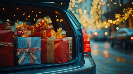 Car packed with Christmas gifts in shopping bags. Seasonal advertisements or lifestyle content. Cozy Xmas atmosphere. Happy New Year background. Generative AI.