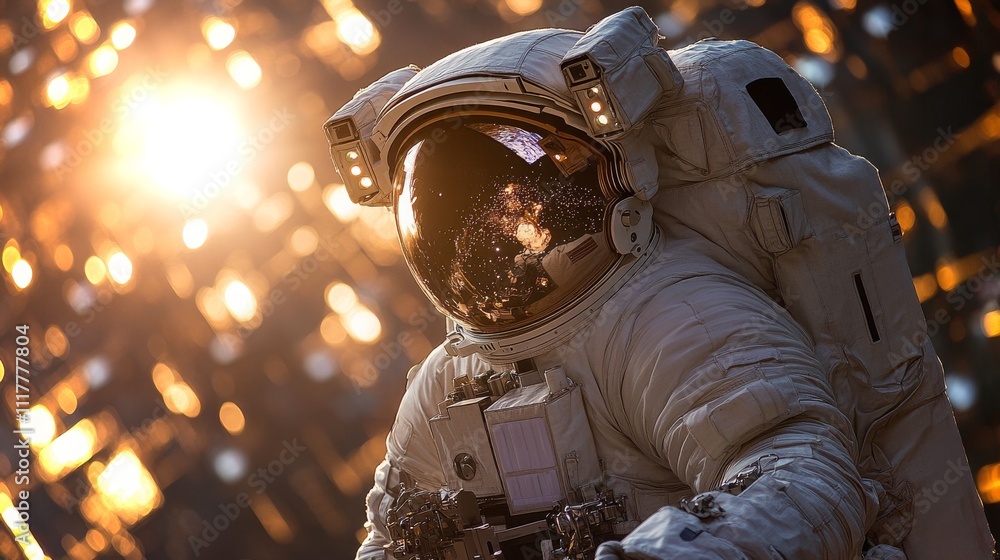 Poster view from behind an astronaut as they journey toward the cosmos in captivating space environment