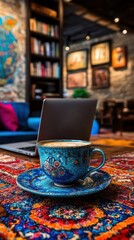 A vibrant blue cup of coffee on a colorful rug in a cozy, artistic caf? setting.