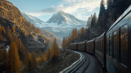 Scenic train traveling through mountain valley