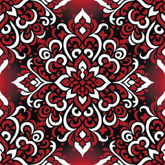 Beautiful floral ornamental arabian style red black white vector seamless pattern. Glowing modern luxury Deco background. Fabric patterns. Endless ornate texture. Elegant flowers ornaments.