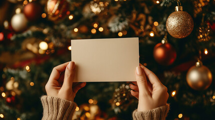 Female hands hold a blank card in front of a beautifully decorated Christmas tree, adorned with gold and shiny ornaments. Perfect for Christmas greetings, secret notes, or gift messages. Generative AI