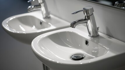 Fototapeta premium Two white sinks placed together on a counter or in a kitchen setting