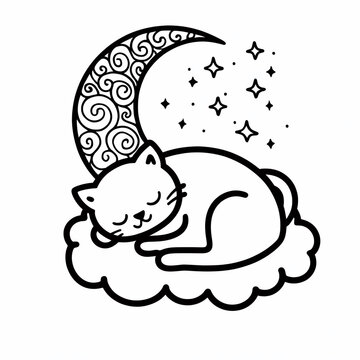 recommend clip art: A Cute Black and White Cat, Stars and Moon Illustration