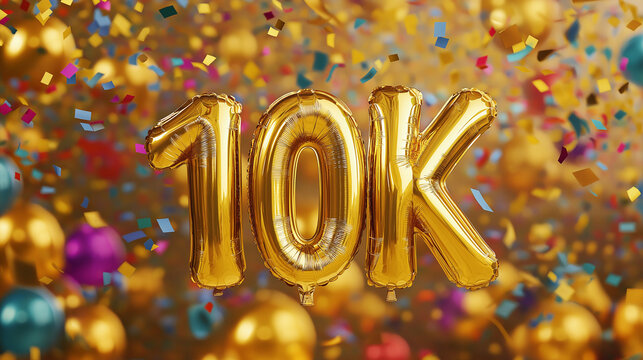 Subscribe concept. Holiday poster for banner, poster 10K subscribers celebration foil golden balloons text "10K" with many colorful flying confetti. Generative AI. 