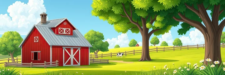 Keuken achterwand Boerderij house in the field Farm cartoon style illustration background with barn and green nature  © Stock 4 you
