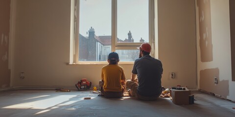 A father and son sit quietly together in a home under renovation. They watch the world outside through a large window. This image captures a moment of bonding and reflection. AI