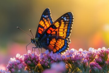 Obraz premium A butterfly perches on the petals of a vibrant purple flower