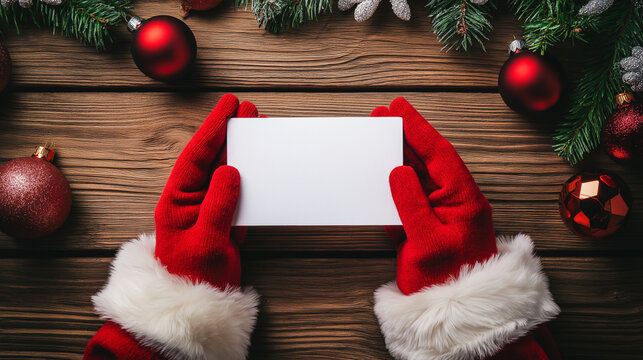 Top view of Santa's hands holding a blank card mockup on wooden background with Christmas decorations. Perfect for Christmas greetings, secret notes, or gift messages. Generative AI.