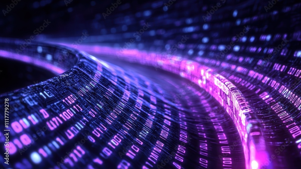 Poster dynamic flowing stream of illuminated binary code in vibrant colors