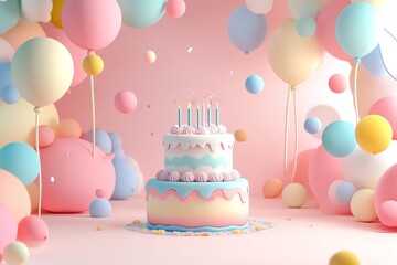 3D Cartoon Birthday Background with Cake and Balloons. AI generated illustration