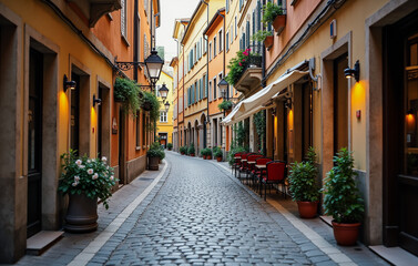 Fototapeta premium cobblestone street in a historic European town, lined with colorful, weathered buildings and charming cafes