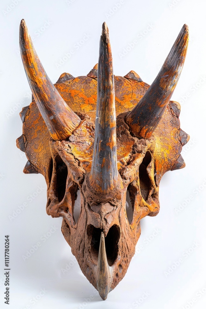 Poster a detailed view of a dinosaur skull on a white background