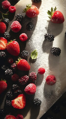 Assorted berries with powdered sugar on a dark surface