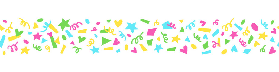 Bright confetti seamless border isolated on white background. Confetti explosion. Celebration background, banner, header, mail listing. Serpentine, colored paper cuts. Decoration for birthday, holiday