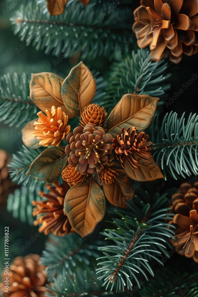 Poster close-up shot of pine cones on a tree branch, suitable for nature-inspired designs and projects