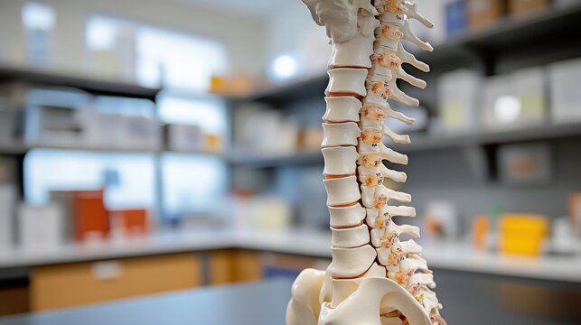 Close-up of a human spine model, a tool used in the medical field for teaching and research.