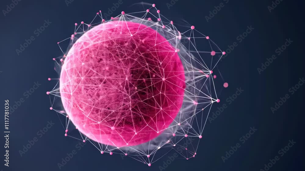 Poster abstract pink sphere with connected lines and dots against a dark background