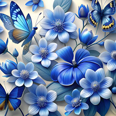 Obraz premium Blue Flowers and Butterflies. A Stunning Floral Arrangement