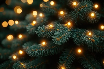 Close up shot of a decorated Christmas tree with lights
