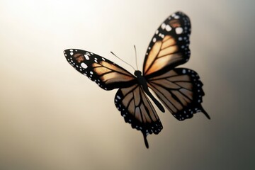 Fototapeta premium A single butterfly flies through the air, its delicate wings beating rapidly as it soars