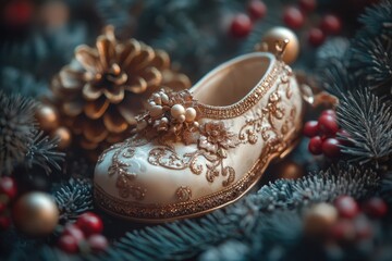 A pair of shoes sitting atop a decorated Christmas tree