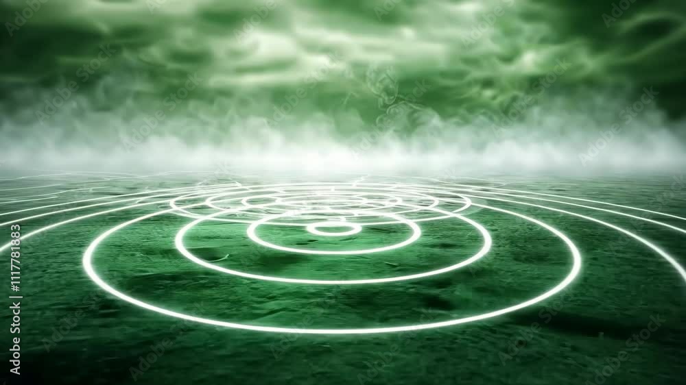 Poster abstract green background with circular wave patterns and foggy atmosphere for design use