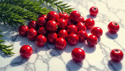Obraz premium A collection of shiny red berries arranged on a marble surface with green leaves. This vivid composition captures the freshness and vibrancy of the scene. AI generated.