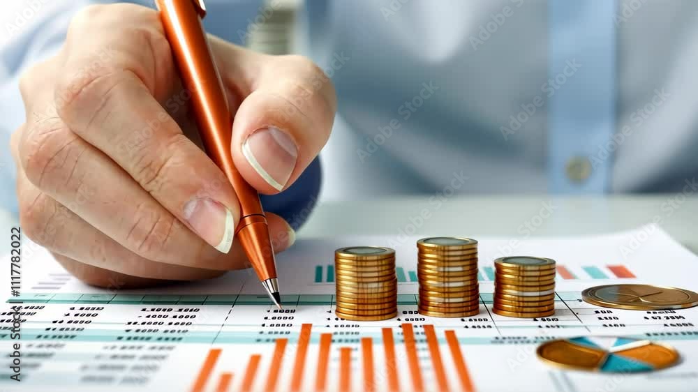 Poster financial analysis report statistics on coins and pen usage in data analysis