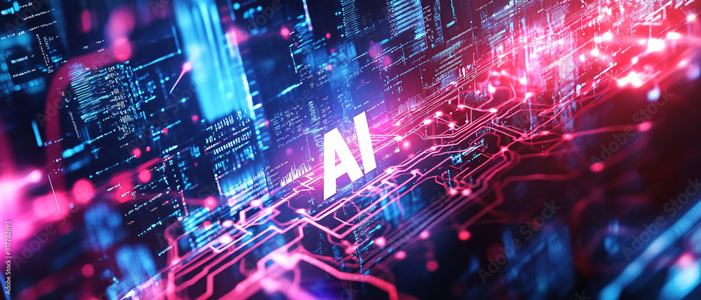 Poster digital representation of artificial intelligence and technology in a futuristic cityscape at night
