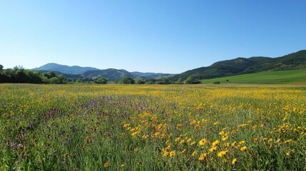 Fototapeta premium Serene Meadow Landscape with Yellow Wildflowers and Distant Mountains under a Clear Blue Sky.