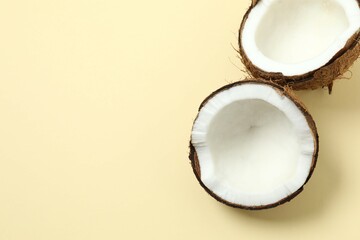 Coconut on color background, top view