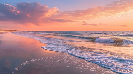 Fototapeta premium A serene beach at sunset, with the sky painted in shades of pink, orange, and purple, and gentle waves lapping the shore