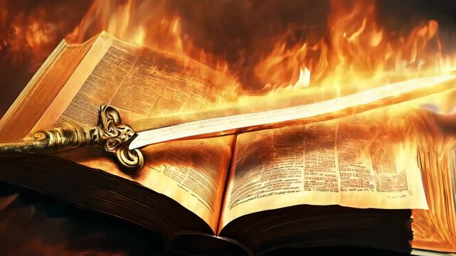 Flaming sword is slowly moving on an ancient book. The scene is dark and mysterious, with flames providing the only light