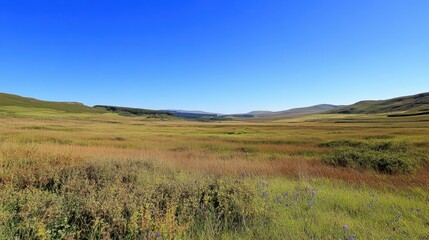 Fototapeta premium Serene Valley Landscape under a Clear Blue Sky.