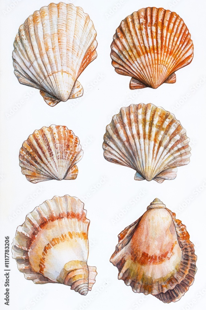 Poster four distinct types of seashells arranged on a clean white surface