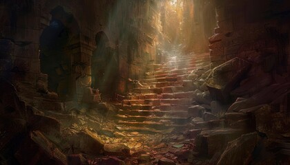 Sunlit Staircase in Ancient Ruins Passageway