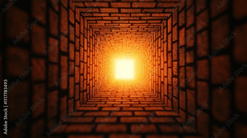 Poster a downward view of a brick tunnel illuminated by bright light, creating a sense of depth and mystery