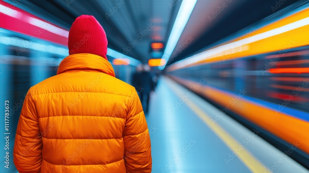 Poster a person in an orange jacket and red hat stands at a blurred subway platform, capturing the dynamic 