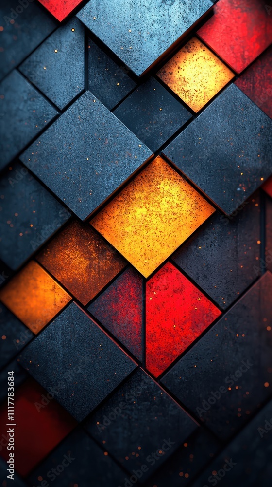 Poster colorful geometric pattern featuring interlocking shapes with shadows and highlights in vivid tones