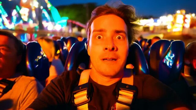 Terrified man on a rollercoaster at a funfair at night