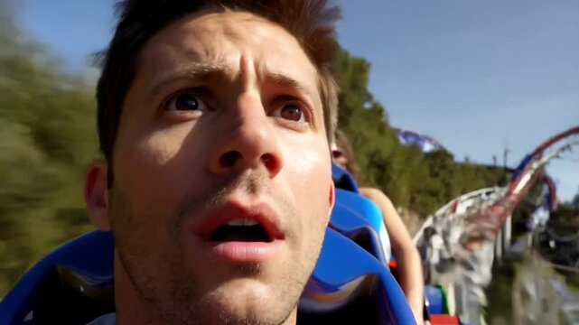 Scared man on a rollercoaster ride at a funfair