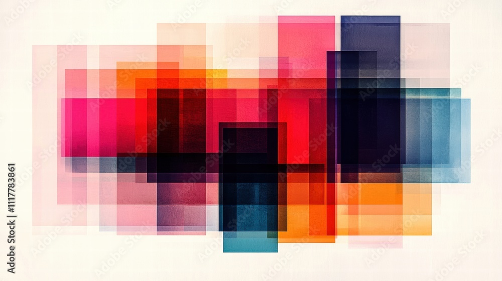 Poster an abstract composition featuring vibrant, overlapping geometric shapes in various colors, creating 
