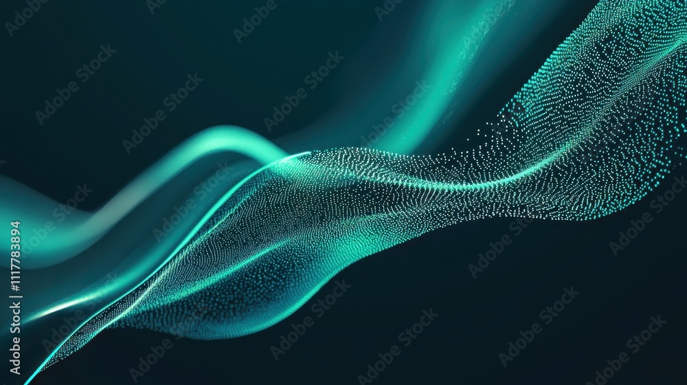 Poster dynamic flowing stream of illuminated binary code in ethereal blue and green tones