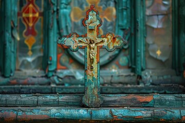 A rustic cross sits atop a worn wooden bench, illuminated by the vibrant colors of a stained glass window
