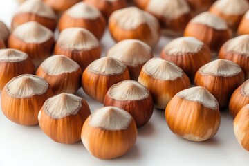 A collection of hazelnuts arranged on a clean white background